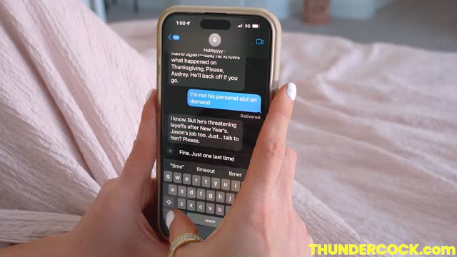 Audrey Bitoni has a gift exchange at her husband's boss' house, her husband can leave work on Xmas, if she unwraps the boss' Thundercock